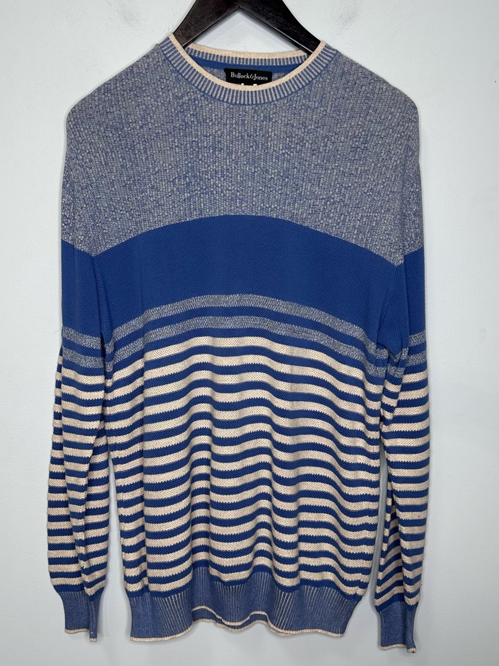 Bullock & Jones Men’s Crew Neck Pima Cotton Blue Stripe Pullover Sweater
